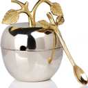 Silver Honey Jar Dish, Apple & Leaf Honey, Jam Server with Dipper Spoon Ideal for Serving Honey, Jams, Jellies, Gorgeous Gold Leaf Spoon, Stainless Steel & Brass, Everyday Rosh Hashanah & any Occasion