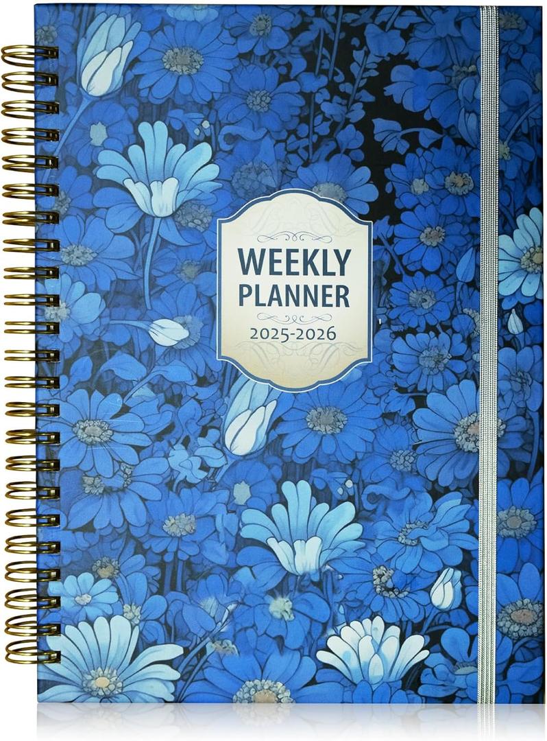 2025-2026 Weekly Planner, School Planner, Weekly Planner, Time Management Calendar Planner, 6.3" x 8.5", Spiral Binding, Laminated Labels, Storage Bag, for School and Office, Everyday, Blue Floral
