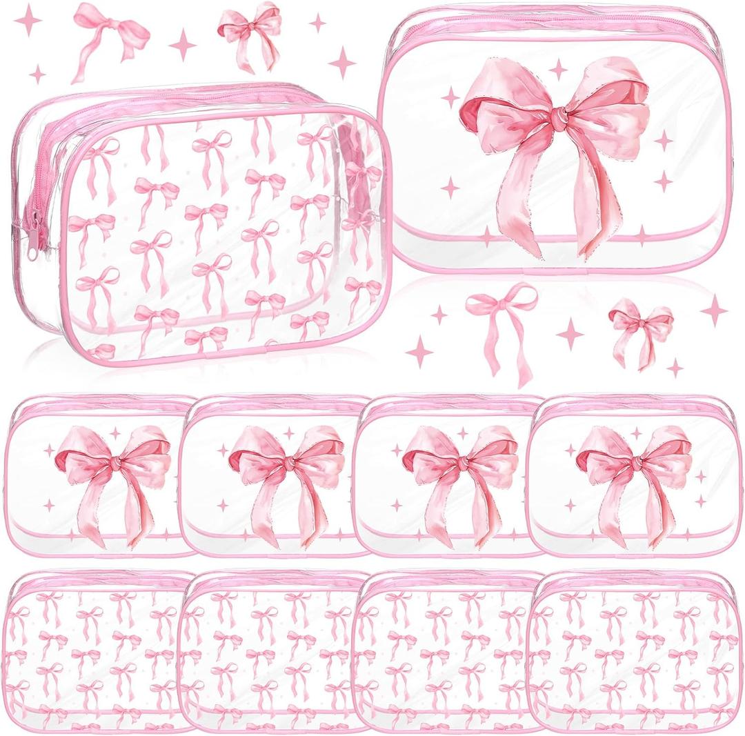 Kacctyen 10 Pcs Pink Bow Makeup Bags Bulk Gifts for Girl Women Birthday Party Favors Coquette Pastel Bow PVC Clear Cosmetic Bags Waterproof Travel Toiletry Pouch for Party Favors