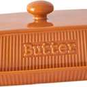 Ceramic Butter Dish with Lid, Large Butter Container for East & West Coast Butter Storage, Porcelain Butter Holder with Knob Handle, Striped Butter Keeper Butter Tray, Farmhouse Kitchen Decor, Orange