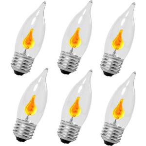 6 Pack Flicker Flame E26 Light Bulbs, E26 Standard Base, Flickering Orange Glow,3W Candle Style Flame Tip Lights with Warm Orange Glow for Chandeliers, Lanterns and Home Decor