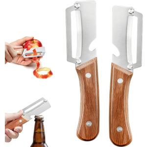 2 x Left & Right Hand Vegetable Peeler Set with Bottle Opener, Heavy-Duty Thick Stainless Steel Blade, Durable Wooden Handle Kitchen Peeler for Fruits & Vegetables