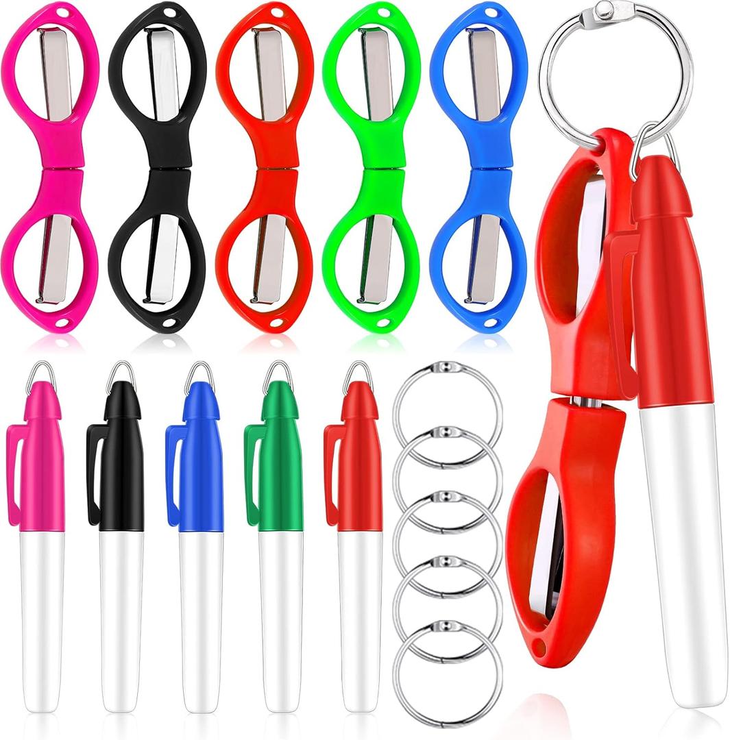 Geyee 15 Pcs Badge Scissors for Nurses Mini Set Gift for Nursing Students Mini Permanent Pen Badge Set Include Folding Safety Scissors for Nurse Silver Ring Keychain Markers Pens Gift(Fresh Color)