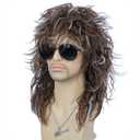 morvally Men’s Women 80s Rocker Mullet Wig with Glasses and Necklace Long Brown Curly Glam Rock-Rockstar Wig for Halloween Cosplay Costume Party (Brown highlights Silver)