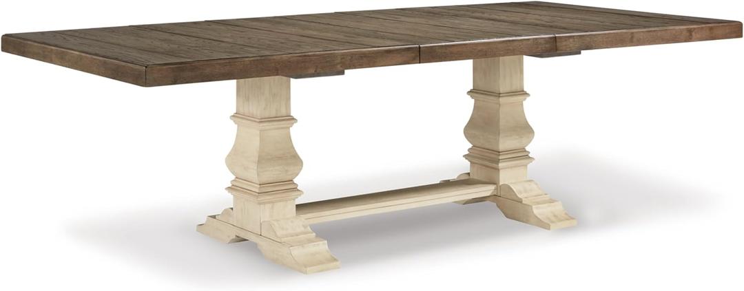Signature Design by Ashley Bolanburg Farmhouse Extension Dining Table with Removable Center Leaf and Trestle Base, Dark Brown & White