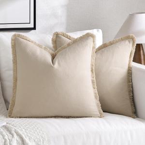 MIULEE Throw Pillow Covers Boho Farmhouse 18x18 Set of 2 Decorative Beige Couch with Fringe Chic Cotton Pillowcases Home Decor Accents for Cushion Soft Bed Living Room (18" x 18" (Pack of 2), Beige)