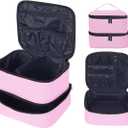 Double Layer Makeup Bag Portable Large Cosmetic Case Organizer with Adjustable Dividers Storage Travel Bag for Accessories Brushes Conditioner and Skin Care Products (Pink)