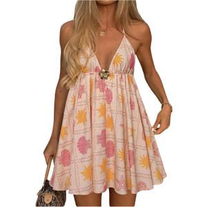 BEAUDRM Women's Y2K Metal Halter Mini Dress Deep V Backless Flowy Summer Vacation Dresses Multi Graphic Medium