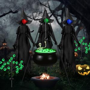 6 Pack Halloween Decorations Outdoor Included Large Witches Cauldron on Tripod with String Light Eyeball and Skeleton 3 Pcs 6 ft Lighted Witch Stakes 2 Pcs Solar Eyeball Light for Yard Lawn
