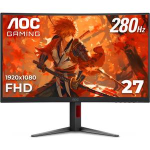 AOC 27" Curved Gaming Monitor, FHD 1080p, 280Hz (DP) 240Hz (HDMI), 0.3ms MPRT, VA Panel 1500R, AMD FreeSync Premium, HDR Ready, Height Adjustable, DisplayPort HDMI C27G4ZH