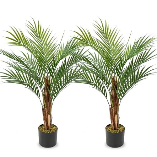 2 Set Artificial Palm Tree 4ft Tall with 19 Trunks Detachable Faux King Palm Tree Fake Plants in Pot for Indoor Home Office Living Room Floor Decor