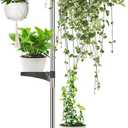 4 Tiered Tension Plant Pole: Adjustable Height 35"-72", Indoor/Outdoor Stand with 3 Trays, Hanging Hook, Ideal for Living Room, Balcony, Patio, Window Sill Decor - Grey