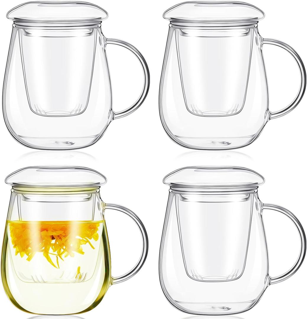 Tioncy 4 Set Glass Tea Cup with Infuser and Lid 16.9 oz Clear Glass Mug with Strainer and Lid Simple Filtration Loose Tea Cup for Brewing Blooming Bag