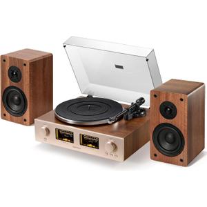 QLEARSOUL HiFire X Vinyl Record Player, Audiophile HiFi Turntables System with 100W Bookshelf Speakers,VU Meter, DSP Preamp, Support 33/45 RPM, RCA LINE in | Out