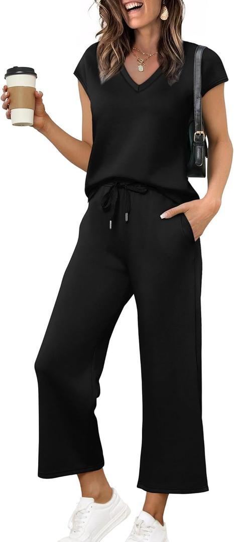 Saloogoe Two Piece Sets for Women Summer Outfits Lounge Sets V Neck Tops Wide Leg Pants Woman Vacation Travel Outfits (Large, Black) Saloogoe Two Piece Sets for Women Summer Outfits Lounge Sets V Neck Tops Wide Leg Pants Woman Vacation Travel Outfits (Large, Black)