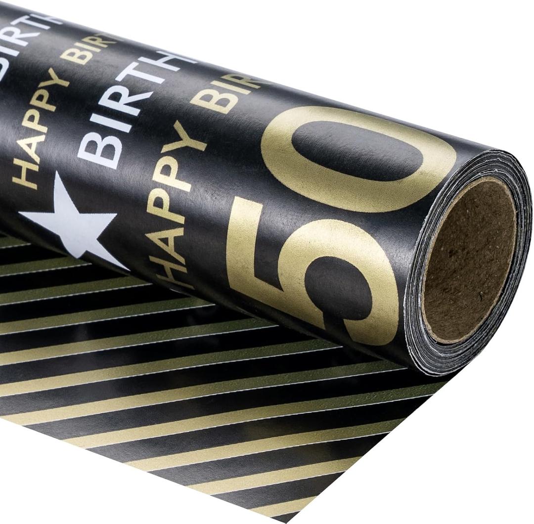 RUSPEPA Reversible Wrapping Paper Roll - Mini Roll - 50 Years Old Birthday Black and Gold Pattern Great for Birthday, Party, Baby Shower - 17.5 Inches X 32.8 Feet