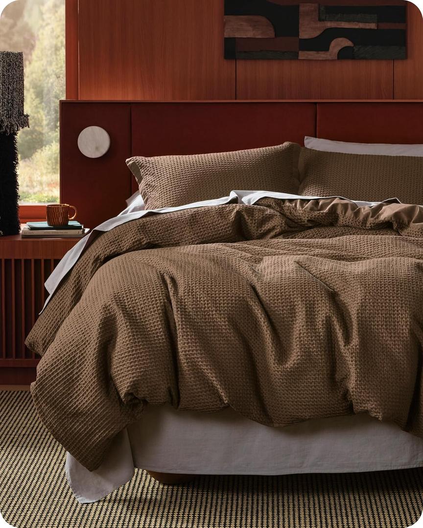 Bedsure Cotton Duvet Cover Set - 100% Cotton Waffle Weave Brown Duvet Cover Oversized King Size, PureWoven Breathable Bedding Set for All Season, 3 Pieces, 120"x98"