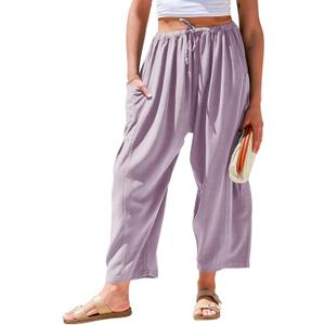 TARSE Womens Linen Wide Leg Pants Casual Loose Drawstring Summer Beach Travel Vacation Palazzo Harem Pants with Pockets (Medium, Light Purple Pink)