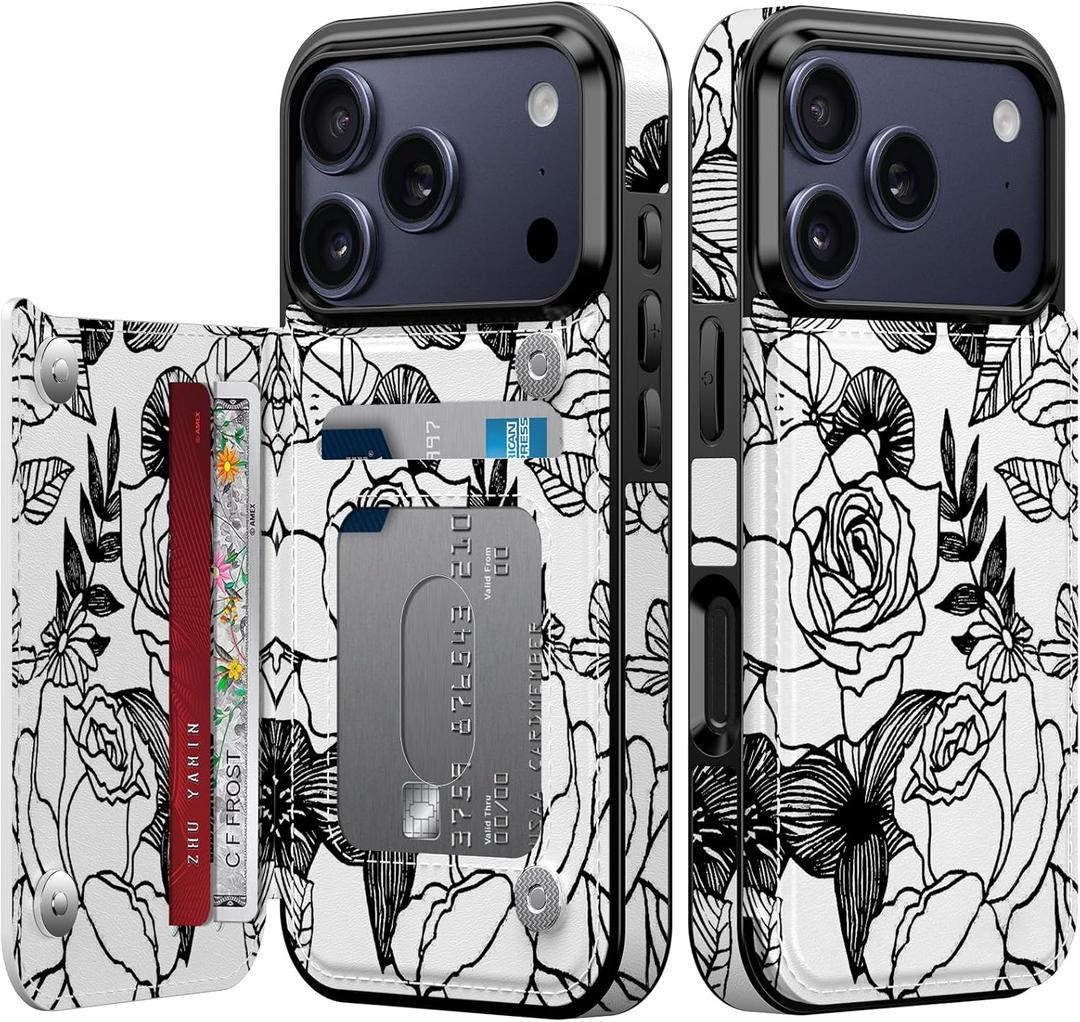 FUNMIKO for iPhone 17 Pro Wallet Case with Card Holder + Cash Clip, RFID-Blocking, Military-Grade Drop Protection & UV-Printed Artwork, Magnetic Closure with Leather Kickstand - Floral Sketch