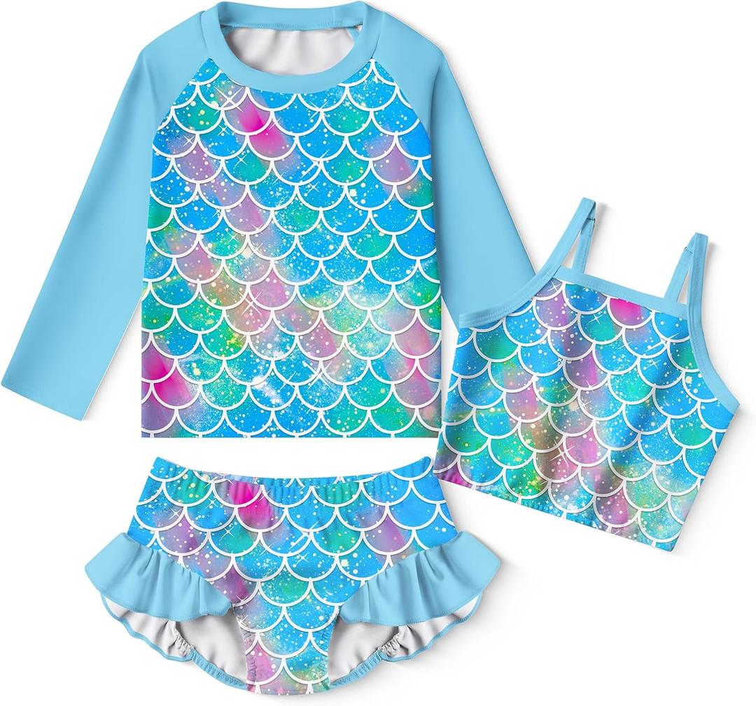 LQSZ Girls Rash Guard Sets Long Sleeves Swimsuit 3 Pieces Tankini Bathing Suit Swimwear for Girls 5-6 Years (Blue)