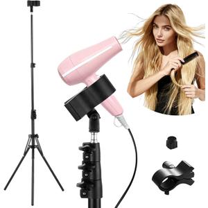 Erytlly Hair Dryer Stand Hair Dryer Holder with Tripod Hands Free 360-Degree Rotating Universal Clip Adjustable Height from 36-76 Inch Metal Blow Dryer Holder for Bathroom, Vanity, Makeup Room (Large)