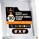 8' x 8' Clear Vinyl Tarp - 30 Mil Super Heavy Duty Transparent Waterproof PVC Tarpaulin with Brass Grommets - for Patio Enclosure, Temporary Wall, Camping, Tent Cover, Canopy - by Xpose Safety