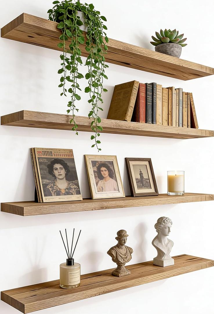 24 Inch Rustic Wood Floating Shelves Farmhouse Wooden Wall Shelves for Bathroom Bedroom Living Room Kitchen Office Set of 4 Light Brown