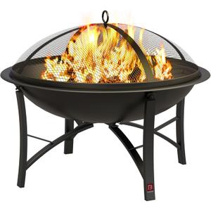 Outdoor Wood Burning Fire Pit, Heavy Duty Round Steel Fire Bowl for Backyard, Patio, Camping, Bonfire, Black Finish, with Mesh Spark Screen and Hook