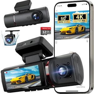 3 Channel 4K WiFi Dash Cam, 4K+1080P+1080P Front Inside and Rear, Triple Dash Camera with 32GB Card, APP Control, G-Sensor, 24 Hours Parking Mode, Loop Recording, Night Vision