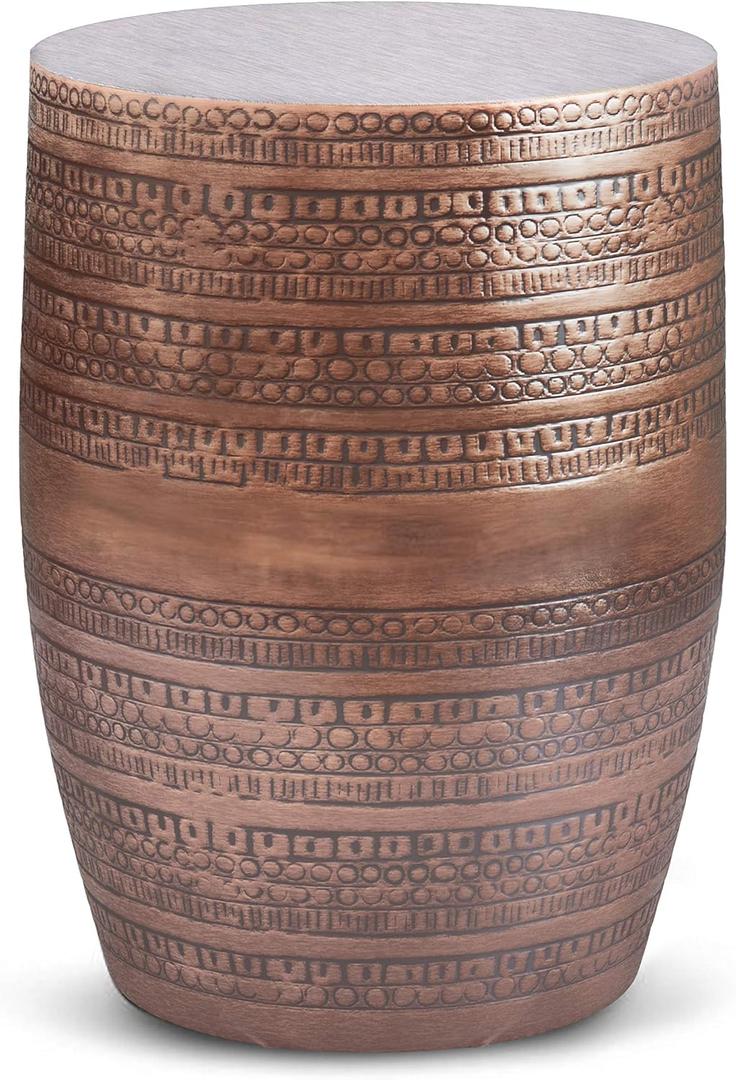 SIMPLIHOME Johnsen Metal Table - 15 inch Wide Solid Iron Drum Accent Table in Antique Copper with Tribal Pattern, Round Boho End Table for Living Room, Bedroom, or Home Office, Fully Assembled