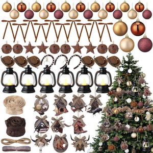 64 Pcs Western Christmas Tree Ornaments Set Xmas Cowboy Hanging Decoration West Theme Mini Cowboy Hats Lantern Rodeo Velvet Bows Rustic Stars for Holiday Country Party Favors Supplies