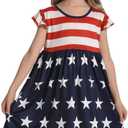 RONGTAI Girls 4th of July Dress Size 9-10 Red White and Blue Flying Sleeves Crew Neck Patriotic A Line Dresses with American Flag Stars and Stripes Summer Playwear for Kids