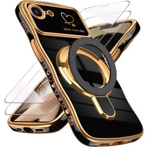 for iPhone 17e/16e Case with Screen Protector: Luxury Plated Gold Cute Wavy Edge Love Heart Pattern Kickstand Case, Slim Soft TPU Shockproof Protection Cover for iPhone 16e/17e (Black)