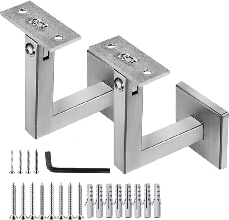 2 x 304 Stainless Adjustable Handrail Brackets, Heavy Duty Wall Square Brackets for Stair Handrail Flat Balusters with Base Cover 2pcs