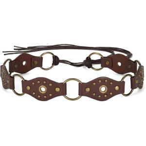 SANSTHS Womens Western Bohemian Rope Braid Belt with Metal Rings Rivets Engraved Discs, Versatile for Festivals Street Style (Fits waist from 24"-45", Brown-bronze Buckle)
