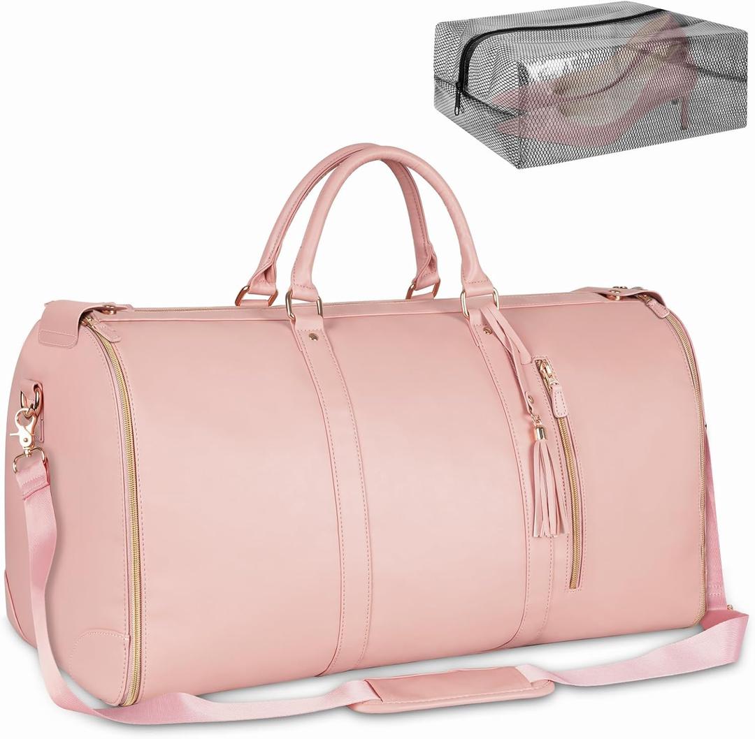 Ytonet Garment Duffle Bags for Travel, Convertible Carry On Garment Bag for Women, Large PU Leather Foldable Travel Bag with Shoe Pouch, 2 in 1 Hanging Suitcase Dress Suit Travel Bags, Pink