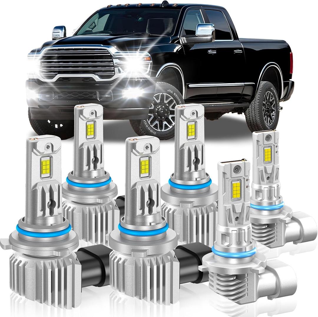 Fit for Dodge 2013-2015 Ram 1500 2500 3500(with Projector) Light Bulbs, High/Low Beam Fog Light Bulbs Combo, 800% Brightness CSP Chips, 6000K White, Efficient Heat Dissipation, Pack of 6