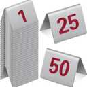 Wenqik 50 Pcs Stainless Steel Table Numbers 1-50 Tent Style 2 x 1.6 Inch Red Double Side Restaurants Table Number Card Signs for Wedding Reception Party Banquets Anniversaries Cafes Bars Supplies