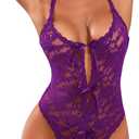 Kolagri Women One Piece Lingerie Deep V Teddy Lace Bodysuit See Through Underwear S-XXL (Medium, Purple)