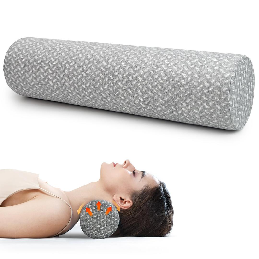 Cervical Neck Roll Pillow, Foam Round Bolster Pillow, Cylinder Pillows with Removable Washable Cover for Sleeping, Bed, Legs, Back, Yoga, Travel, Home, Office (Gray Style 1, 4inch H X 17inche L)