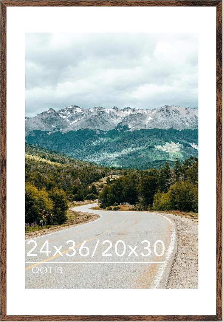 Wood 24x36 Picture Frame with 20x30 Mat, Display 20x30 with Mat or 24x36 Without Mat, Wood 24 by 36 Photo Frame, 24 x 36 Frame for Wall Hanging Display, Deep Brown