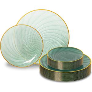 60PCS Green Plastic Plates for Party, Heavy Duty Disposable Plate with Gold Rim, Elegant Spiral Design 30 Dinner & 30 Dessert Plates for Wedding, Birthday(Translucent Green)