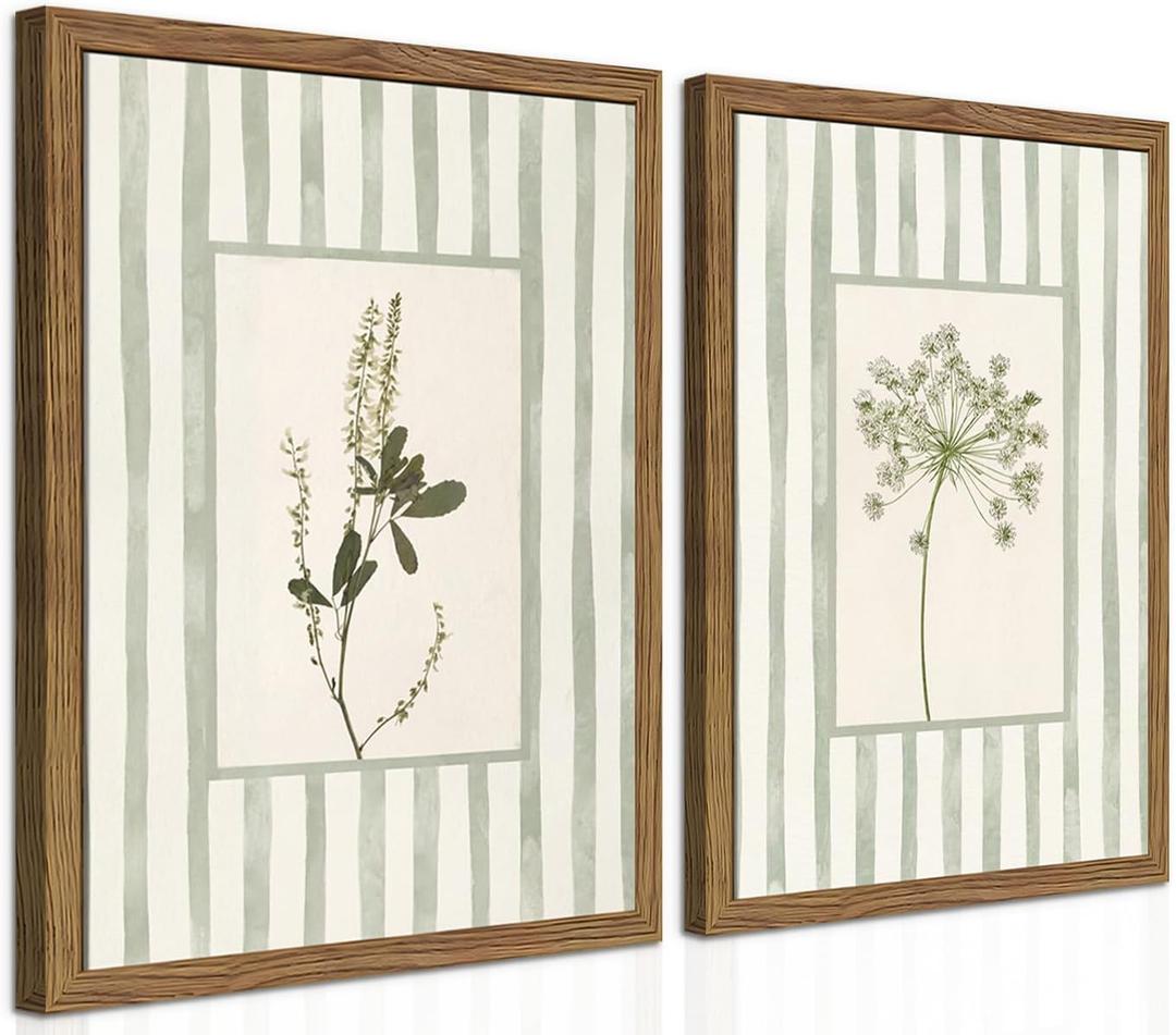 Sage Green Wildflower Wall Art Set of 2, Cottagecore Floral Botanical Canvas Wall Decor, Vintage Rustic Striped Flower Posters Prints Pictures for Living Room Bedroom Bathroom 16x24 Inch Framed