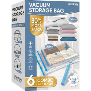 Space Saver Vacuum Storage Bags, 6 Pack Combo (2 Jumbo/2 Large/2 Medium) Space Saver Bags with Pump, Storage Vacuum Sealed Bags for Clothes, Comforters, Blankets, Bedding