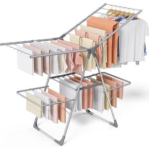 Clothes Drying Rack, Foldable 2-Level Laundry Drying Rack with Height-Adjustable Wings, for Clothing & Bedding, Free-Standing Space-Saving Rack, Indoor & Outdoor, 55.5" L  22.8" W, Gray