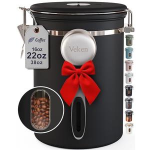 Veken Coffee Canister with Window,Airtight Stainless Steel Pantry Container,Home Kitchen Food Storage Organizers for Ground,Beans,Espresso,Rice,Tea,Sugar,Cereal, Decor,Bar Accessories,Gifts, 22OZ, Black