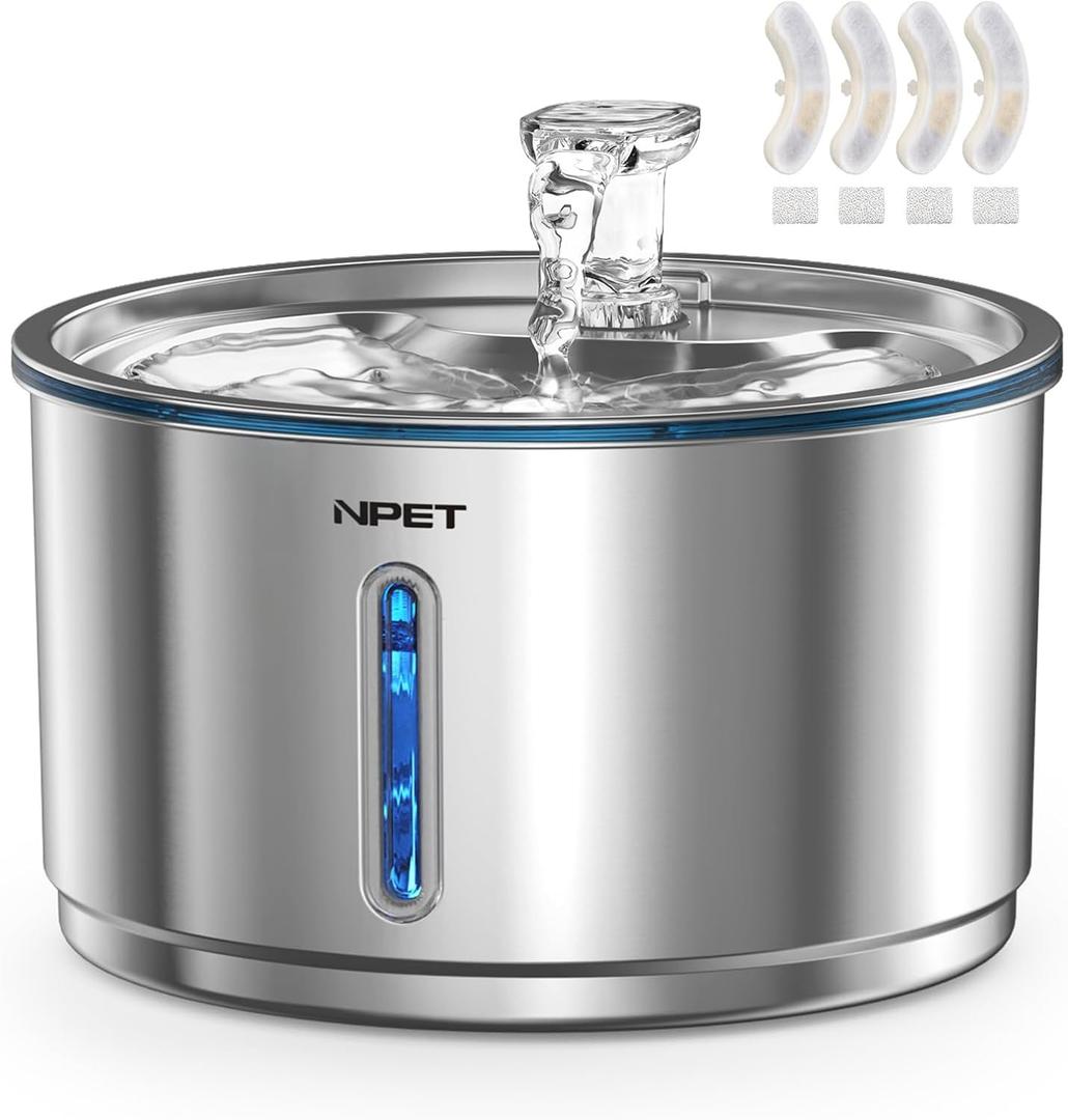 NPET Stainless Steel Cat Water Fountain, 1Gallon/135oz Automatic Pet Drinking Fountain Dog Water Dispenser with 4 Replacement Filters for Cats Indoor