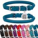 BRONZEDOG Rolled Leather Dog Collar for Small Medium Large Dogs with QR ID Tag (S: 12-14 Inch, Ocean Blue)