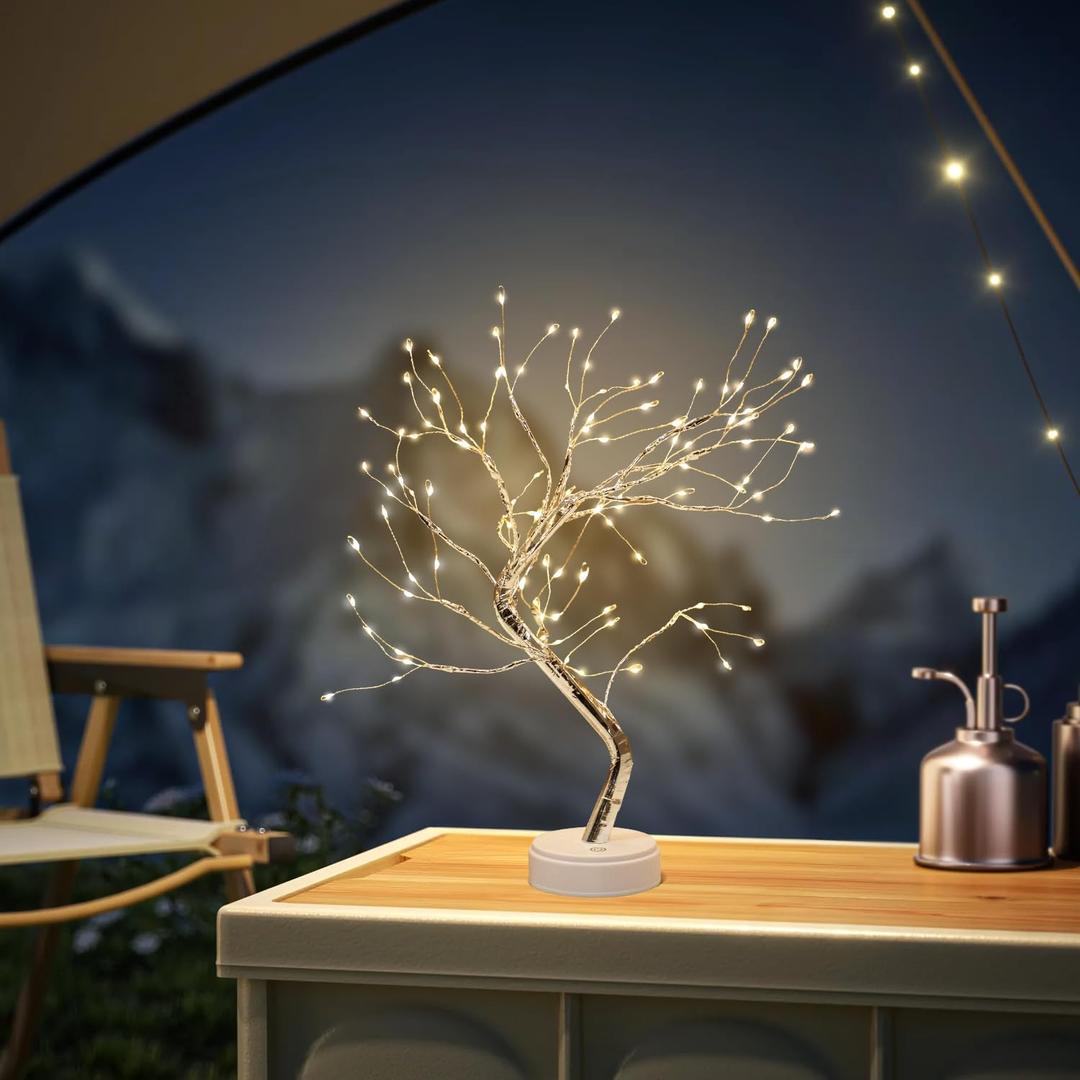 21" 108 LED Tree Lamp with USB Plug, Artificial Desktop Tree Light Featuring Warm White Lights, Light up Tree Decor for Indoor Bedrooms, Living Rooms, ChristmaSilver