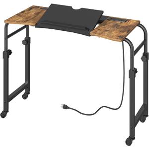 YATINEY Overbed Table with Wheels and Height Adjustable, Recliner Table with Charging Station, Over the Bed Desk for Bed, Sofa, Office, Rustic Brown and Black SF05UBR